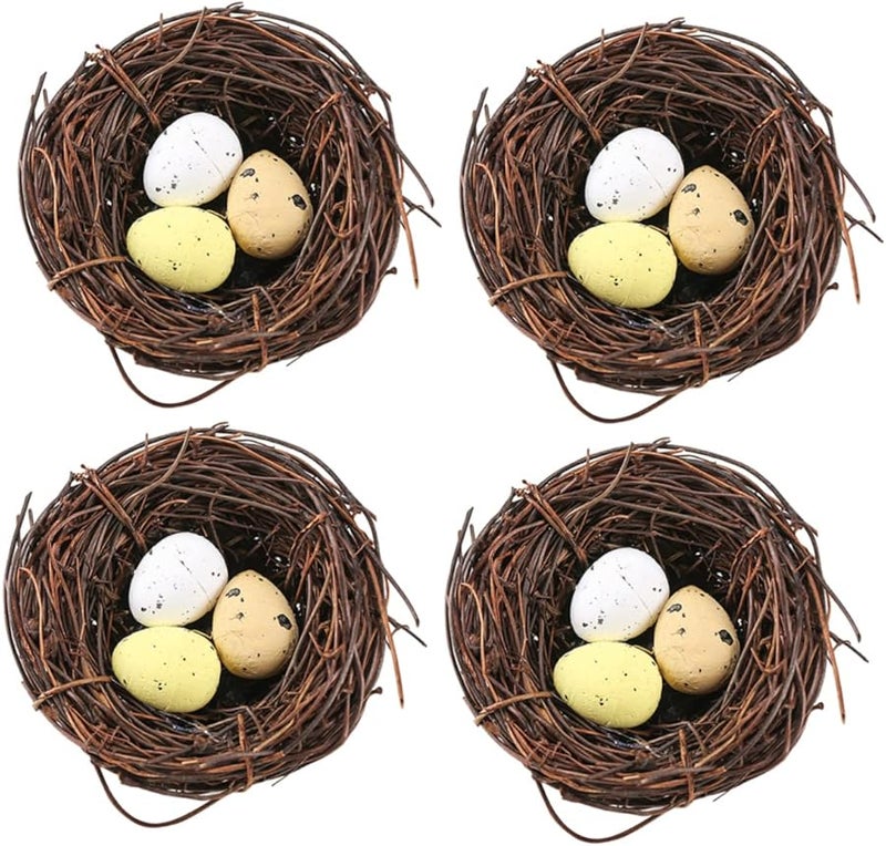 Decorative Bird Nest Eggs Set of 4 Plastic Woven Birdcage Decor - Image 1